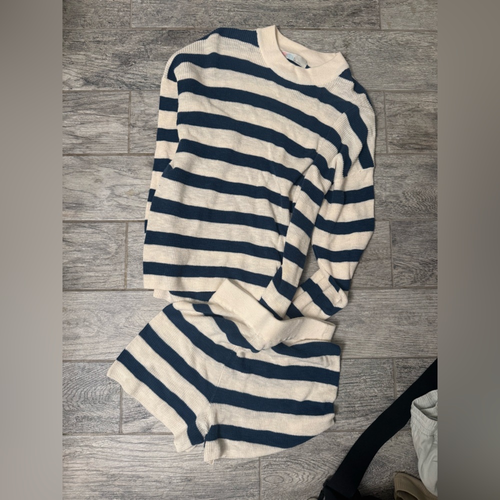 FP Movement by Free People Striped Sweatshirt and Shorts Set - Blue and Cream